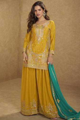 Yellow chinon silk embroidered sharara suit