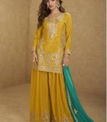 Yellow chinon silk embroidered sharara suit