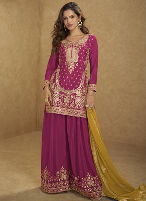 Red chinon silk embroidered sharara suit 1