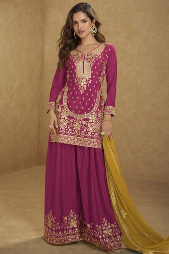 Red chinon silk embroidered sharara suit