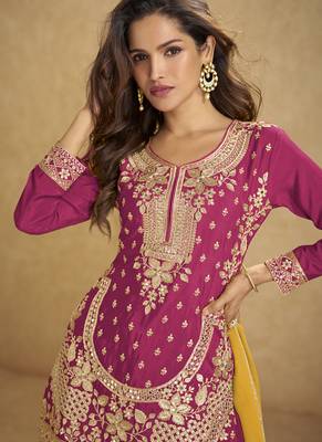 Red chinon silk embroidered sharara suit 2