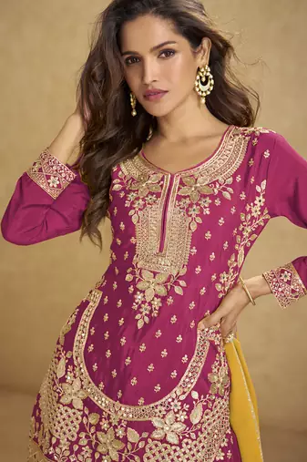 Red chinon silk embroidered sharara suit