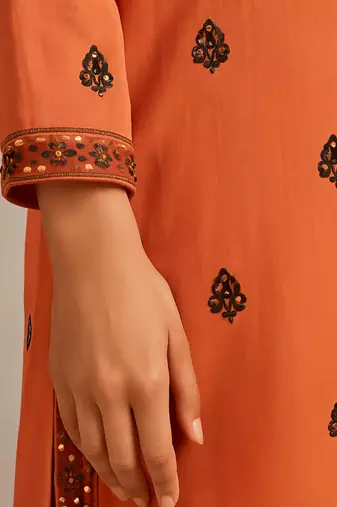 Orange hand block print kurta & dupatta