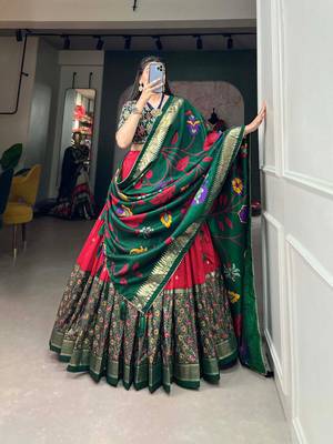 red tussar silk traditional printed lehenga choli 1