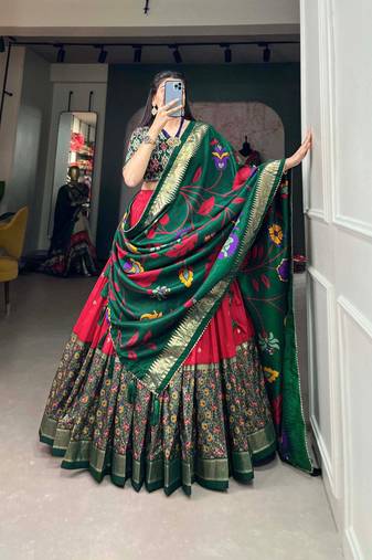 red tussar silk traditional printed lehenga choli