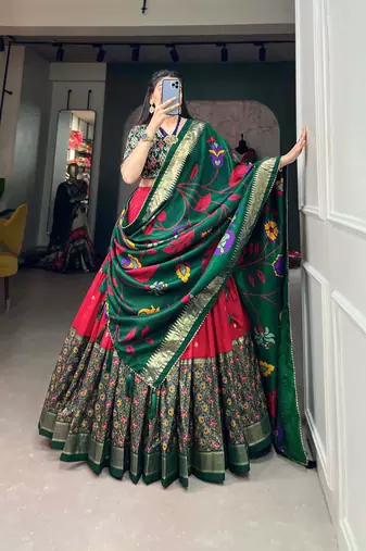 red tussar silk traditional printed lehenga choli