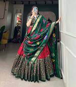 red tussar silk traditional printed lehenga choli