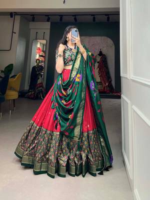 red tussar silk traditional printed lehenga choli 2