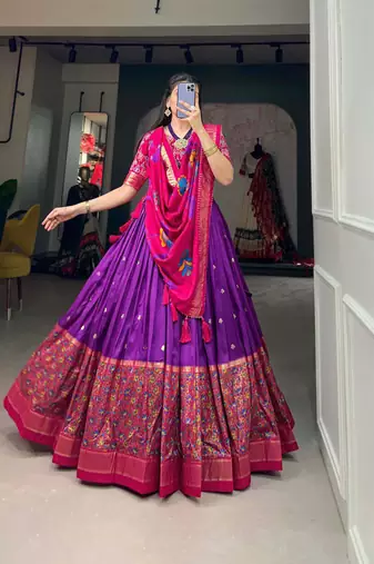 purple tussar silk traditional printed lehenga choli