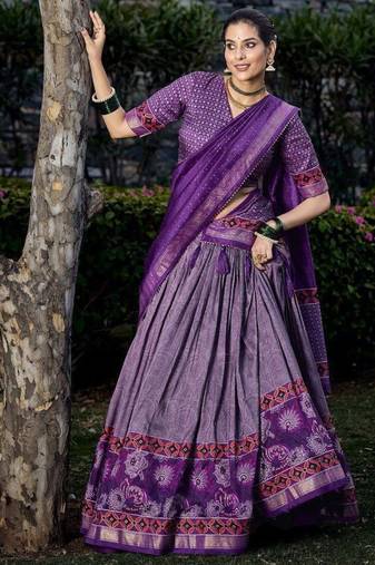 purple tussar silk traditional printed lehenga choli