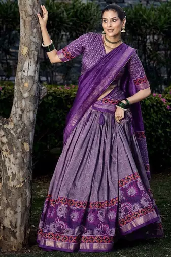 purple tussar silk traditional printed lehenga choli