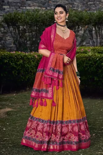 yellow tussar silk traditional printed lehenga choli