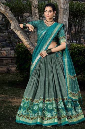 green tussar silk traditional printed lehenga choli