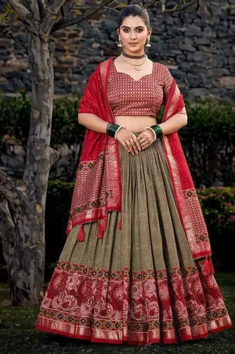 red tussar silk traditional printed lehenga choli