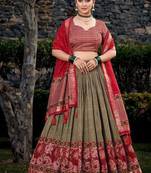 red tussar silk traditional printed lehenga choli