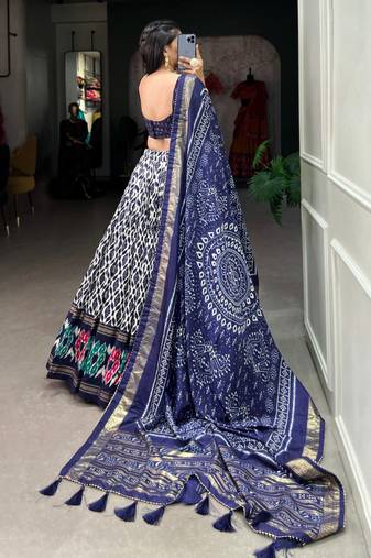 blue tussar silk traditional printed lehenga choli