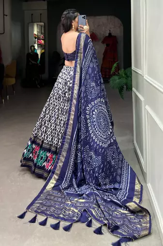 blue tussar silk traditional printed lehenga choli
