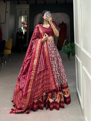 maroon tussar silk traditional printed lehenga choli 1