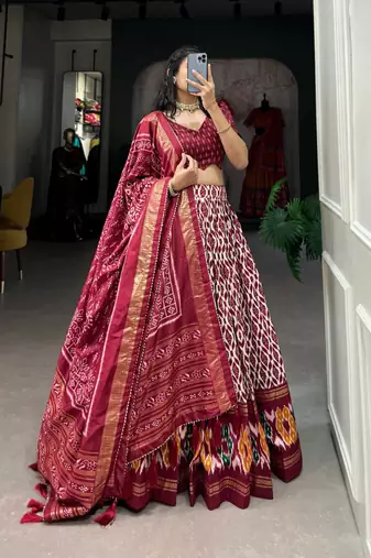 maroon tussar silk traditional printed lehenga choli