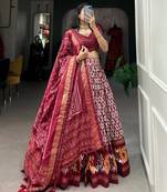 maroon tussar silk traditional printed lehenga choli