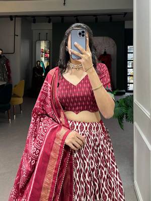 maroon tussar silk traditional printed lehenga choli 2