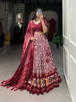 maroon tussar silk traditional printed lehenga choli 3