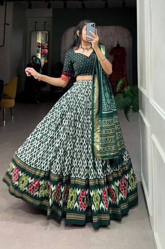 green tussar silk traditional printed lehenga choli