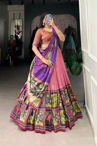 purple tussar silk traditional printed lehenga choli