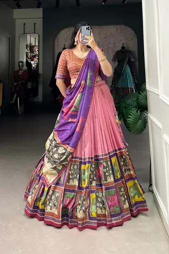 pink tussar silk traditional printed lehenga choli