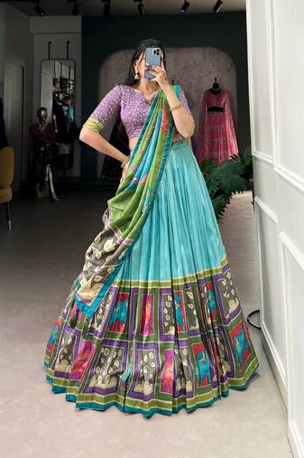 blue tussar silk traditional printed lehenga choli