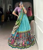 blue tussar silk traditional printed lehenga choli