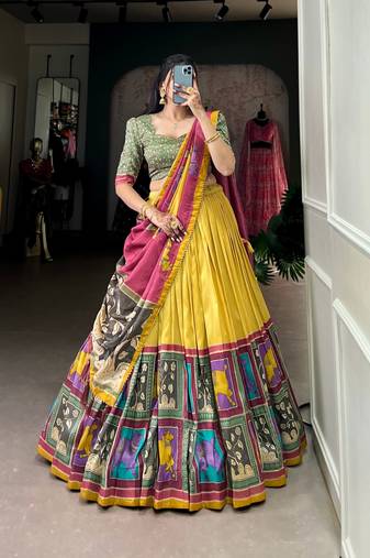 yellow tussar silk traditional printed lehenga choli