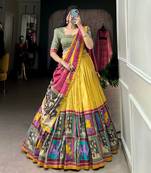 yellow tussar silk traditional printed lehenga choli