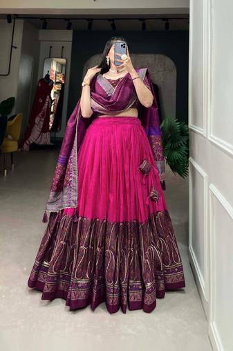pink tussar silk traditional printed lehenga choli