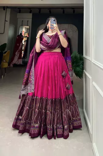 pink tussar silk traditional printed lehenga choli