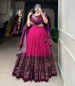 pink tussar silk traditional printed lehenga choli
