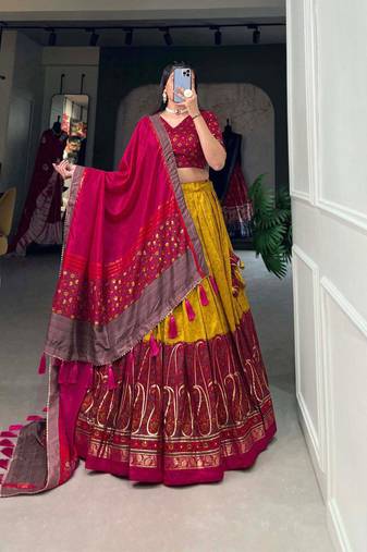 mustard tussar silk traditional printed lehenga choli