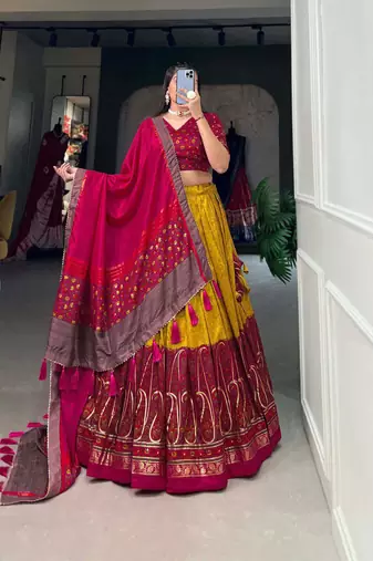 mustard tussar silk traditional printed lehenga choli