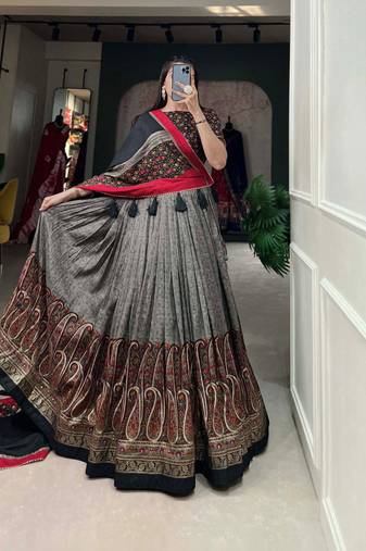 grey tussar silk traditional printed lehenga choli