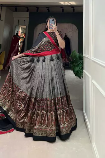 grey tussar silk traditional printed lehenga choli
