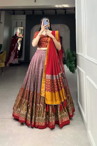 purple tussar silk traditional printed lehenga choli