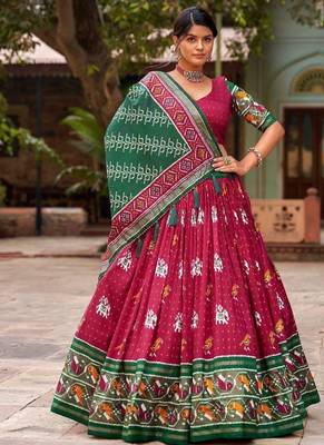 maroon tussar silk traditional printed lehenga choli 1