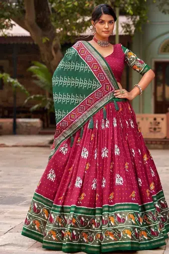 maroon tussar silk traditional printed lehenga choli