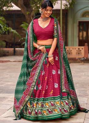 maroon tussar silk traditional printed lehenga choli 2