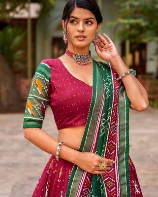 maroon tussar silk traditional printed lehenga choli 3