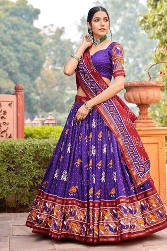 purple tussar silk traditional printed lehenga choli