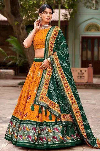 yellow tussar silk traditional printed lehenga choli