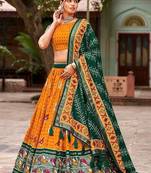 yellow tussar silk traditional printed lehenga choli
