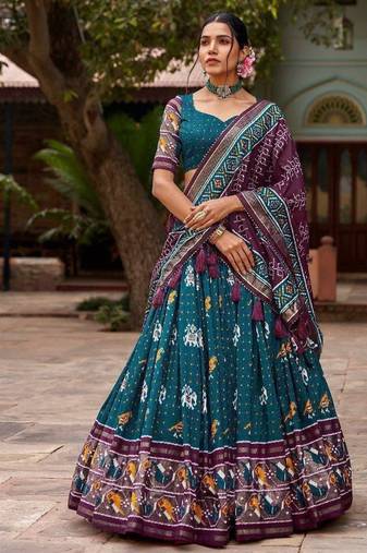 blue tussar silk traditional printed lehenga choli