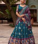 blue tussar silk traditional printed lehenga choli